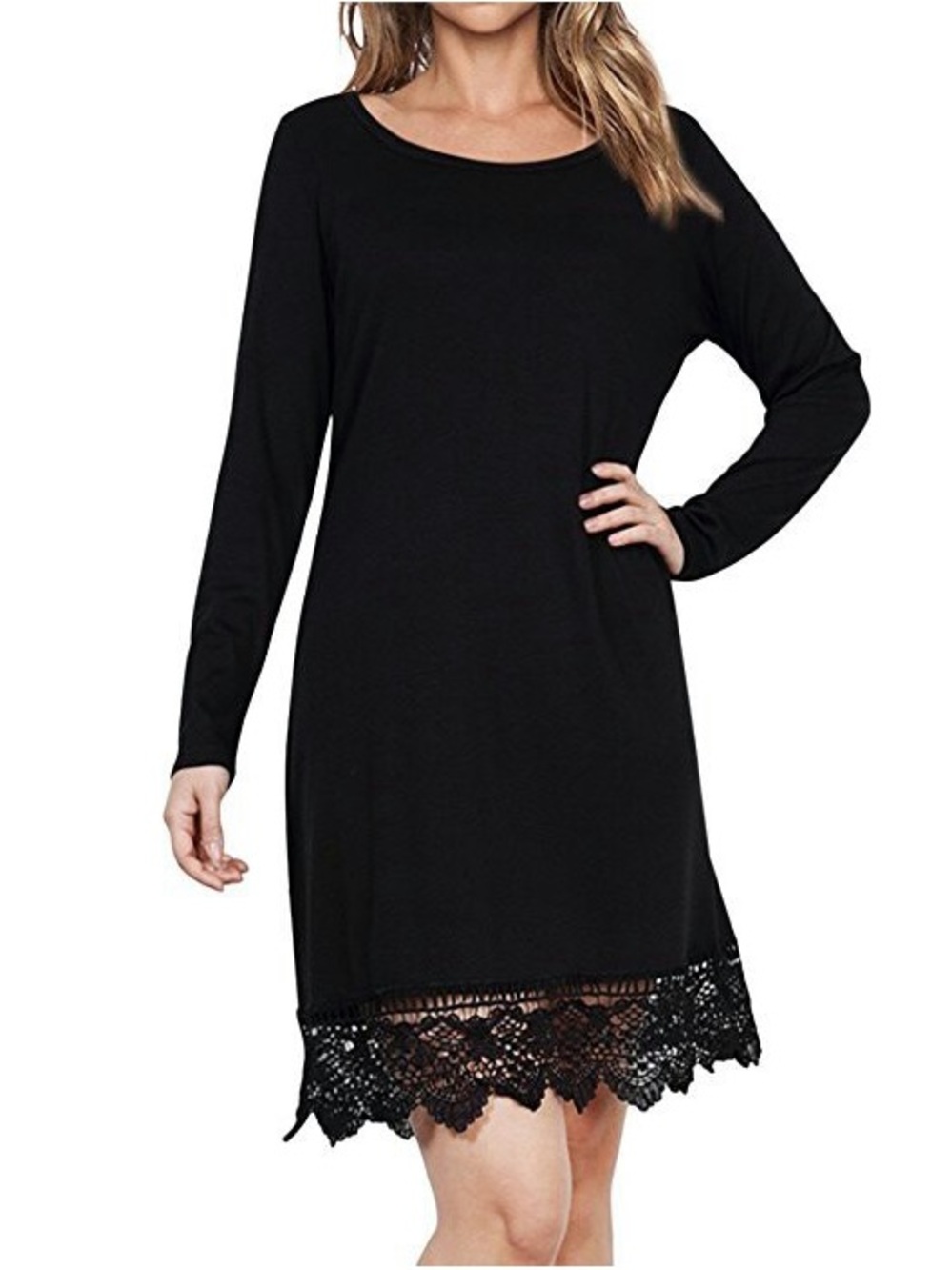 Source Unknown Black Long Sleeve Lace-Hem Shift Dress